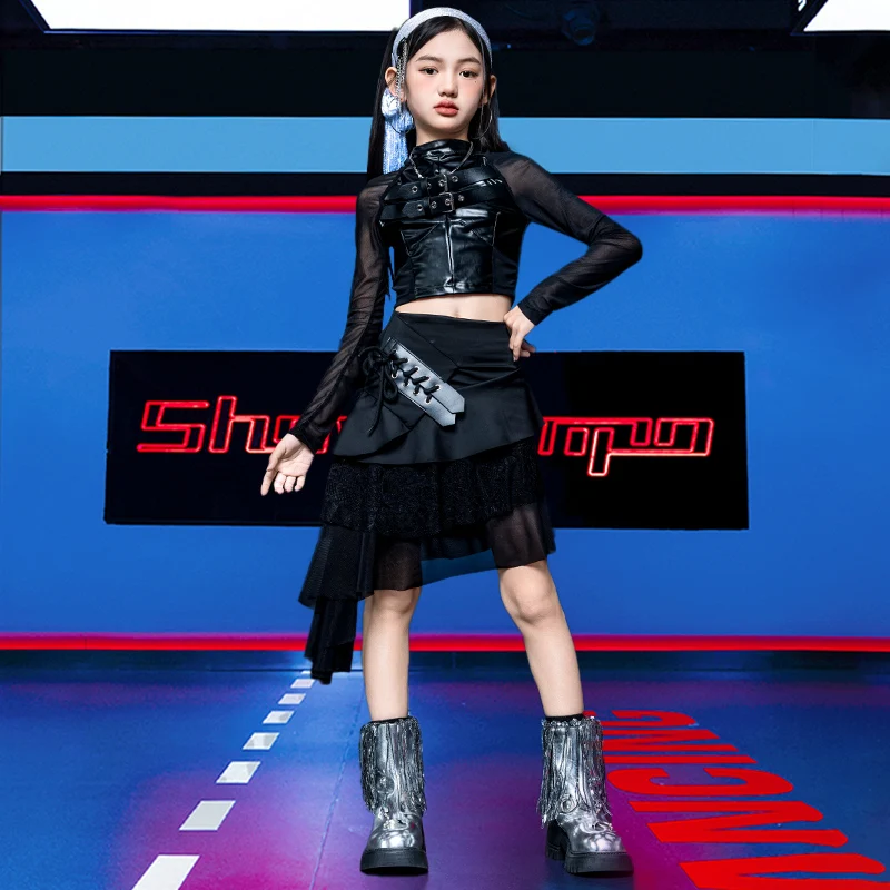 Costume de scène pour enfants, fille, hip-hop, haut et jupe en cuir patchwork, ensemble de vêtements 2 pièces, vêtements de scène pour enfants