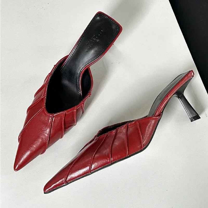 Pantoufles pointues plissées pour femmes, chaussures à bride arrière élégantes, diapositives peu profondes, mules à talons fins, escarpins, sandales pour femmes, mode