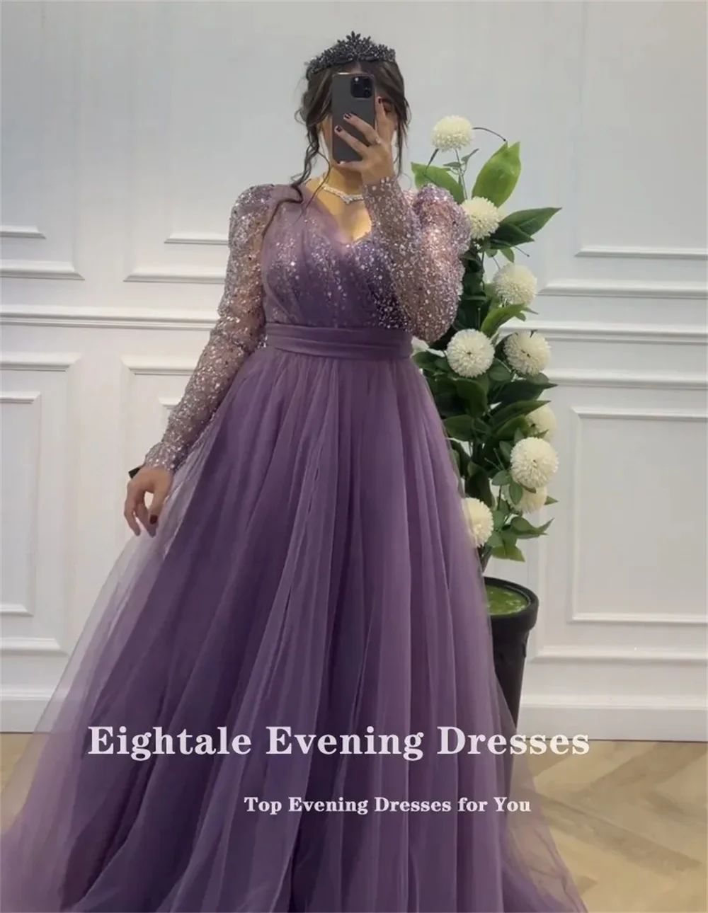 Cathy Purple Tulle V-neck Wedding Dresses Glitter Top A-line فساتين سهرة Elegant Sleeves Floor-length vestidos de fiesta 2024