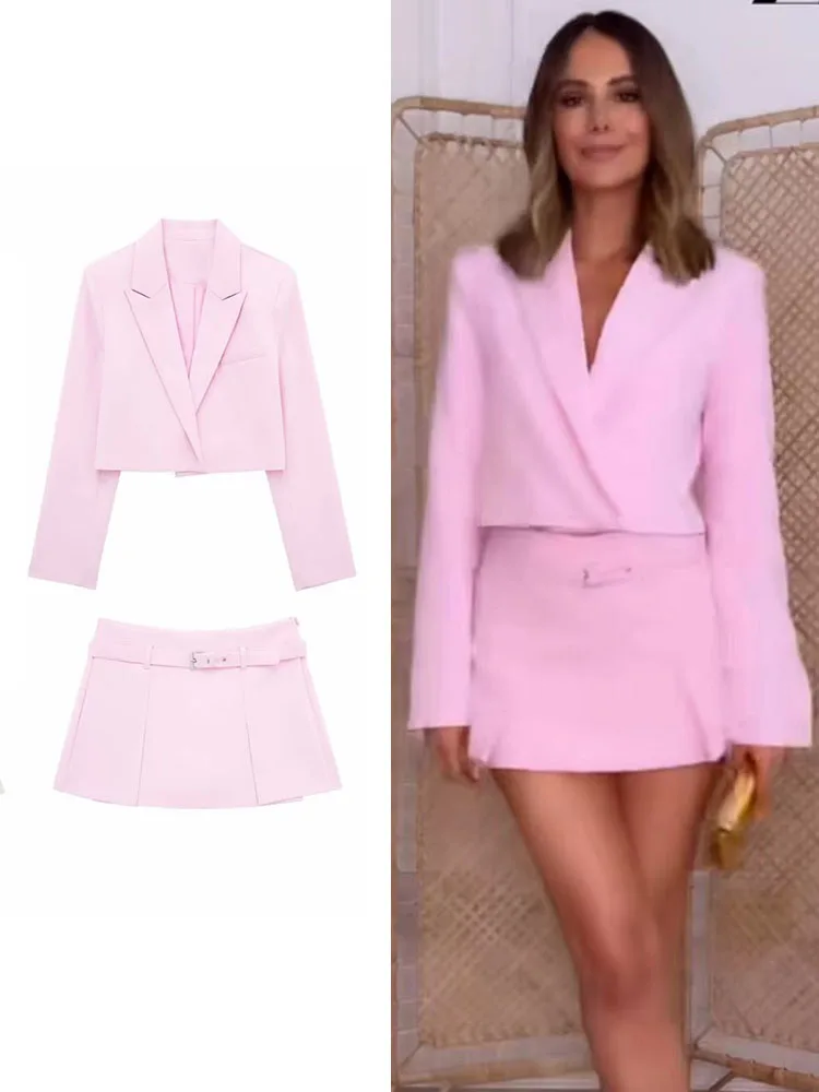 2024 Office Lady Solid Blazer Skirt Suit Fashion Long Sleeve Short Blazer+ Mini Zipper Skirts With Belt Women Casual Suit