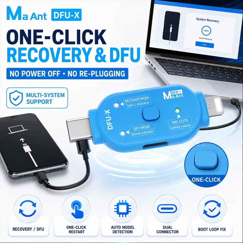 MaAnt DFU-X Smart Flashing Device One-Click Restart Recovery Boot Loop Fix Tool for iOS Android Phone System Repair Adapter Kit