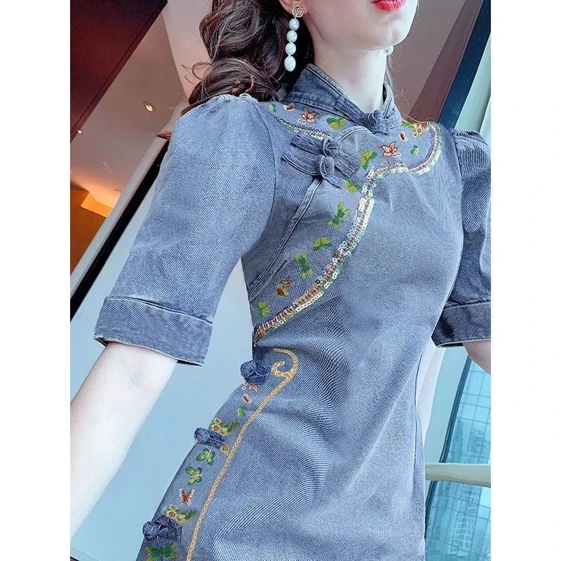 

Denim Dress Women 2024 Summer New Vintage Button Cheongsam Modified Version Jeans Dresses Female Embroider Large Size Slim Skirt