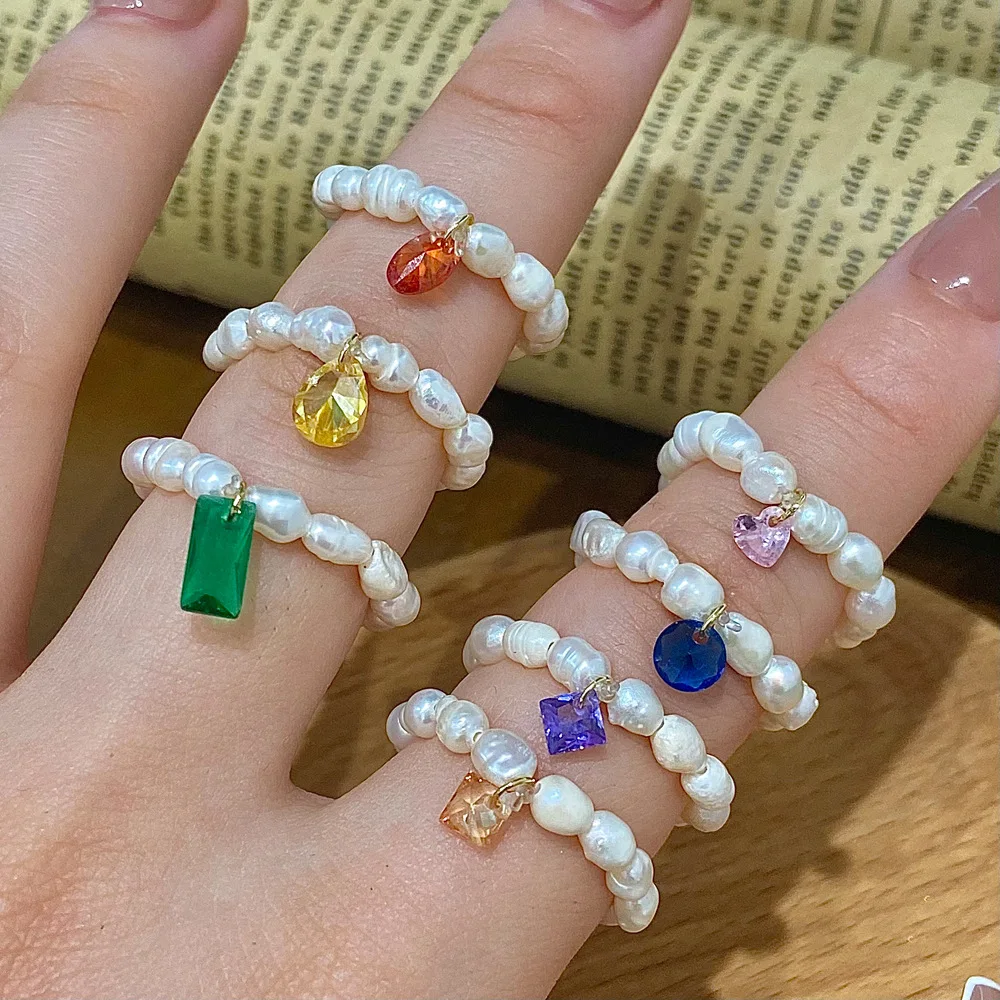 

Retro Shinny Colorful Zircon Pendant Rings for Women Irregular Freshwater Pearl Elastic Adjustable Ring Wedding Party Jewelry