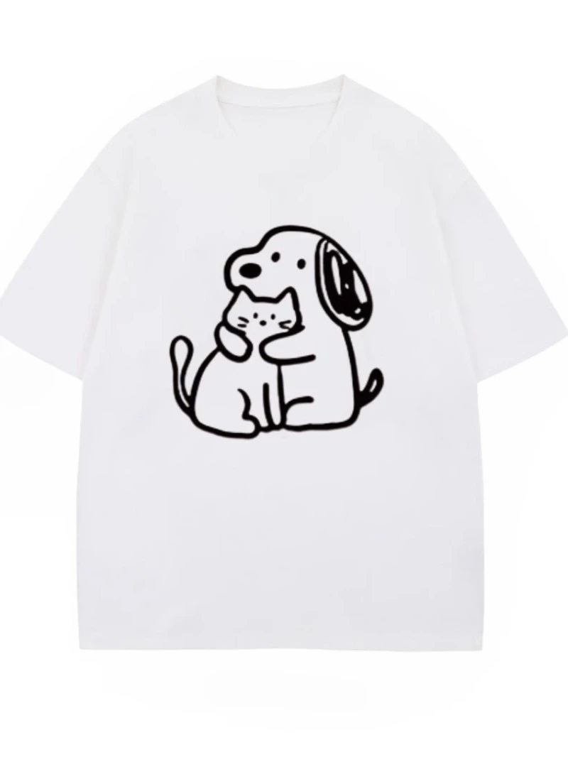 ملابس شارع فضفاضة غير رسمية بأكمام قصيرة مطبوعة بنمط كلب وقطط لطيف لصيف 2025 للرجال والنساء