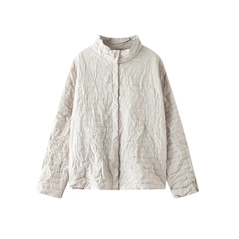 Kurtka bawełniana Miyake Design - jednolity kolor, prosty kołnierz stójka, zapinana na jeden guzik, luźna i uniwersalna, ciepła damska bluzka na zimę.