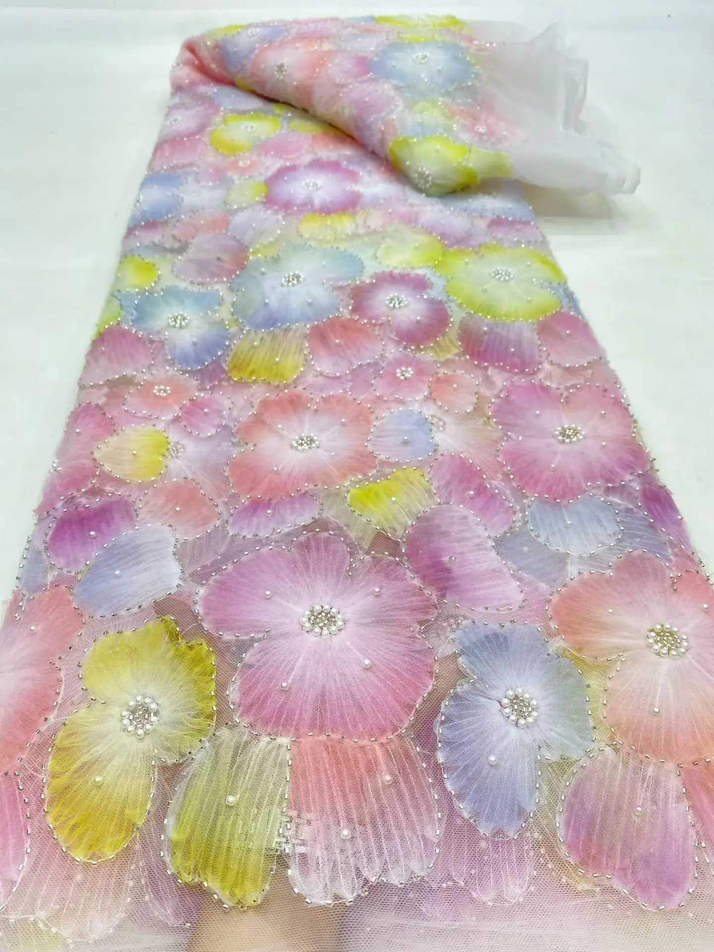 

2025 African Nigerian High-Quality Sequins Tulle Lace Fabric for Prom Dresses Beads Embroidery Sewing Net Cloth 5Yard DP0461