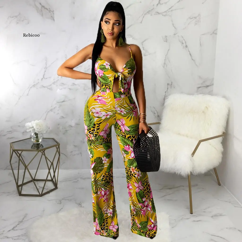 2022 Summer Women Jumpsuit Print Sleeveless Strap V-neck Bandage Hollow Out Stretchy Wide Leg Jumpsuits Sexy Fashion Outfit