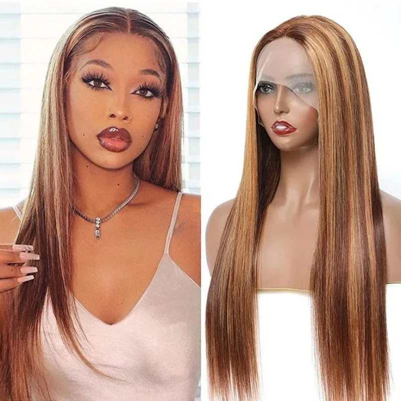 

250 Density 4/27 Highlight Ombre 13X6 Lace Front Human Hair Wig 13x4 HD Lace Frontal Wig Brazilian Straight Brown Honey Blonde W