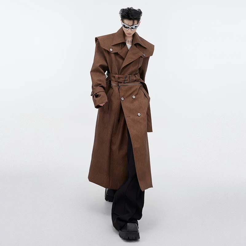 IEFB Detachable Men's Windbreakers Niche Design PU Leather Coat Over Knee Cape Silhouette Overcoat 2024 New Fashion Tide 9C1948