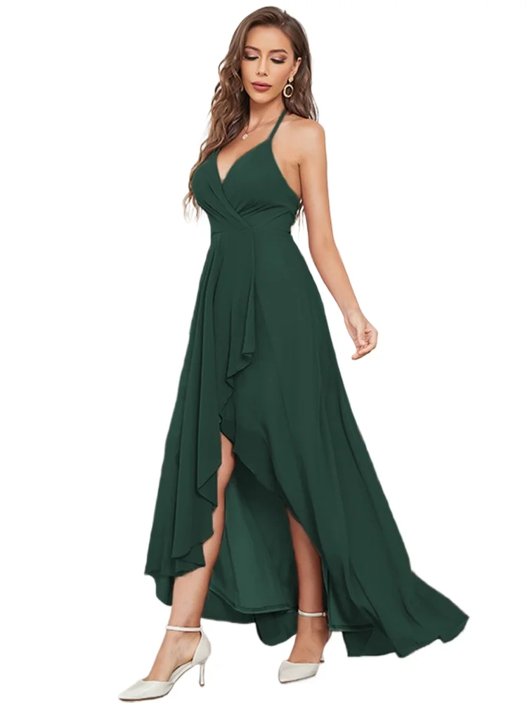 

Sexy V-neck Backless Halter Chiffon High Low Long Party Dress