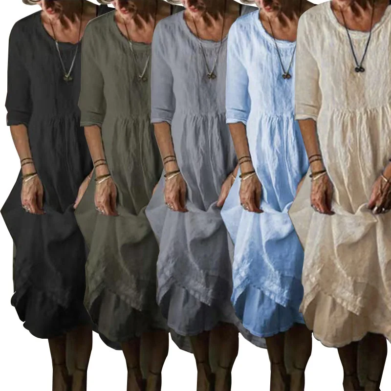 

2025 Solid Color High Waist Pleated Dress Loose New Robe Literary Women's Clothing