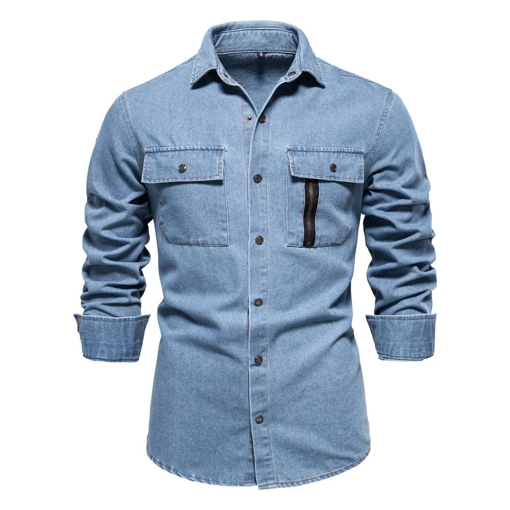 

Mens 100% Cotton Denim Shirts Autumn Thick Cowboy High Quality Male Shirt Solid Color Button Casual Jeans Shirt