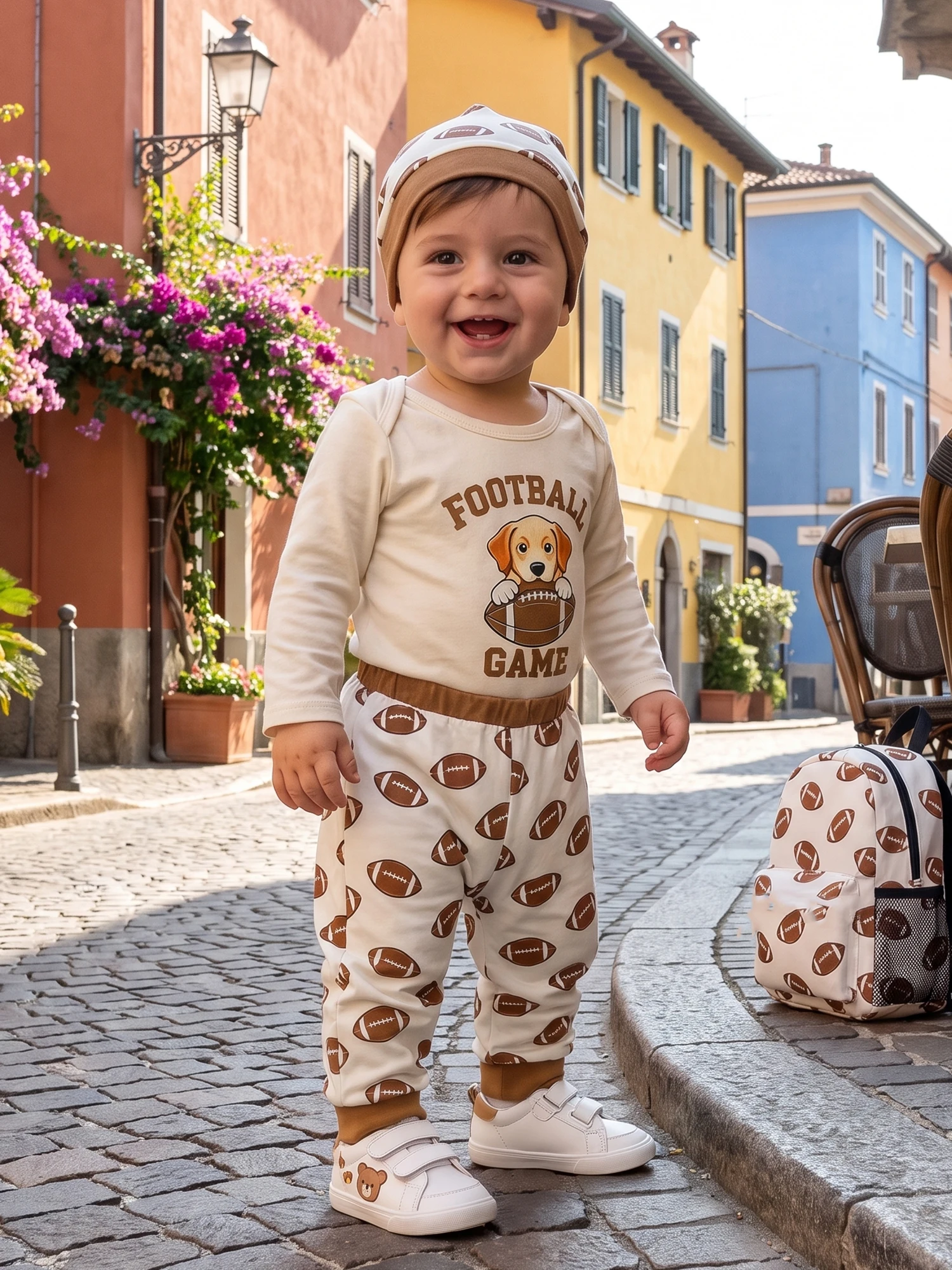 Boy Football Sleeve Print Long Hat 3 Pcs Set Hat Baby Outfits Print Long Boy-Football-Outfits Baby Boy Football