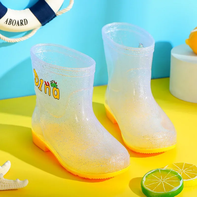 Boys Girls Cartoon Rain Boots Children High Top Transparent Waterproof Shoes Kids Lightweight Quick Dry Non Slip Rubber Shoes