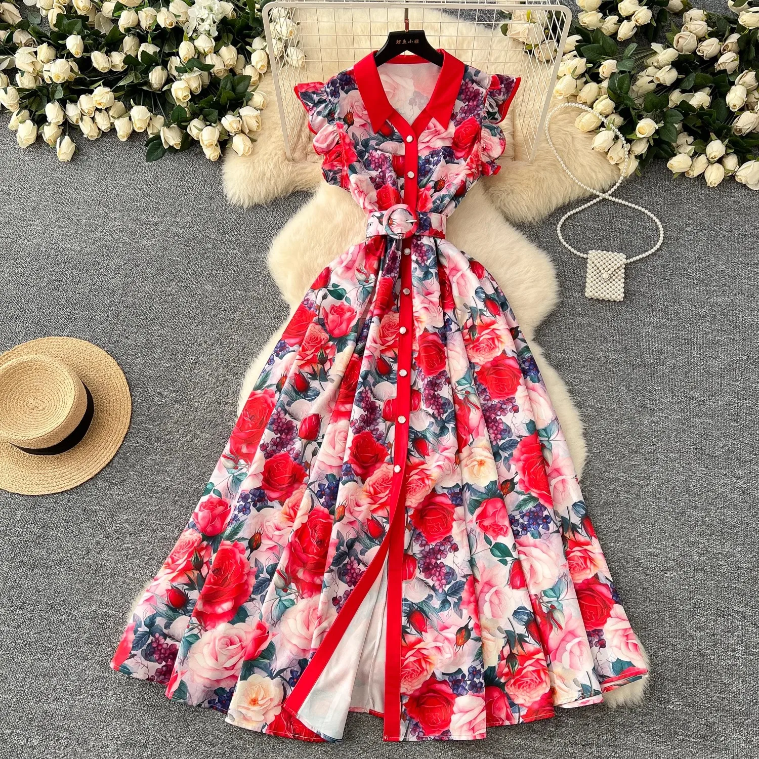 

Summer Runway Gorgeous Bohemian Maxi Dress Women Clothing Flying Sleeve Single Breasted Floral Print Long Robe Party Vestidos