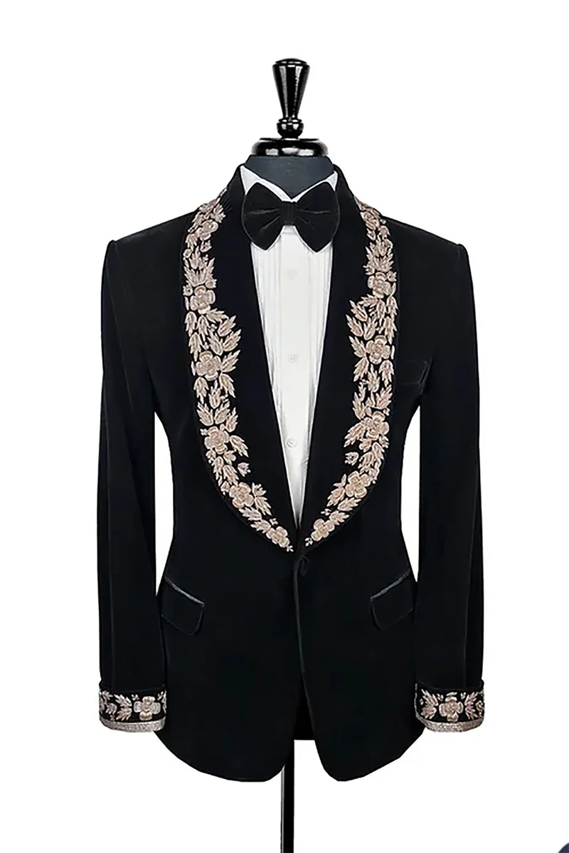 Black Velvet Men Suit Blazer 1 Pcs Gold Appliqued Groom Wedding Tuxedo Wide Lapel Formal Prom Coat Party Jacket Custom Made