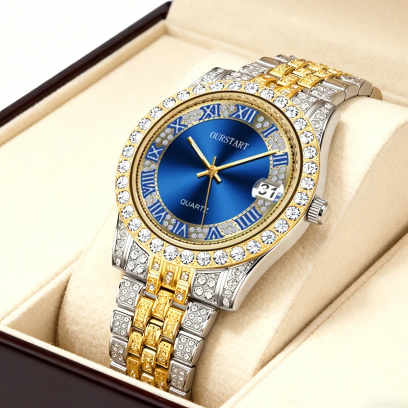 A Men's Silver-Blue Vintage Light Luxury Style Starry Sky Calendar Quartz Watch with a Stainless Steel Strap