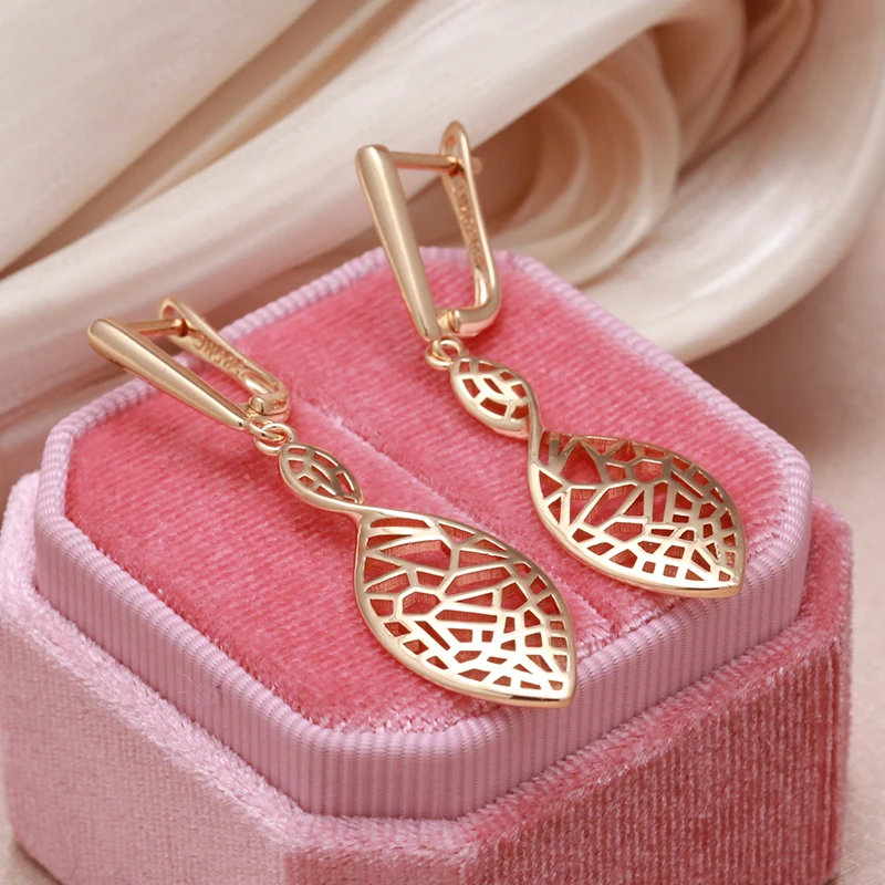 SYOUJYO 585 ارتفع الذهب اللون ورقة شكل انخفاض الأقراط الطويلة للنساء تصميم الجوف خمر العصرية مجوهرات أنيقة الإنجليزية القرط