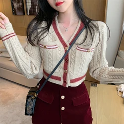 Chic Fashion V-neck Twist Knitted Cardigan Women Autumn Winter College Style Long Sleeved Tops Cropped Cardigan Korean Fashion