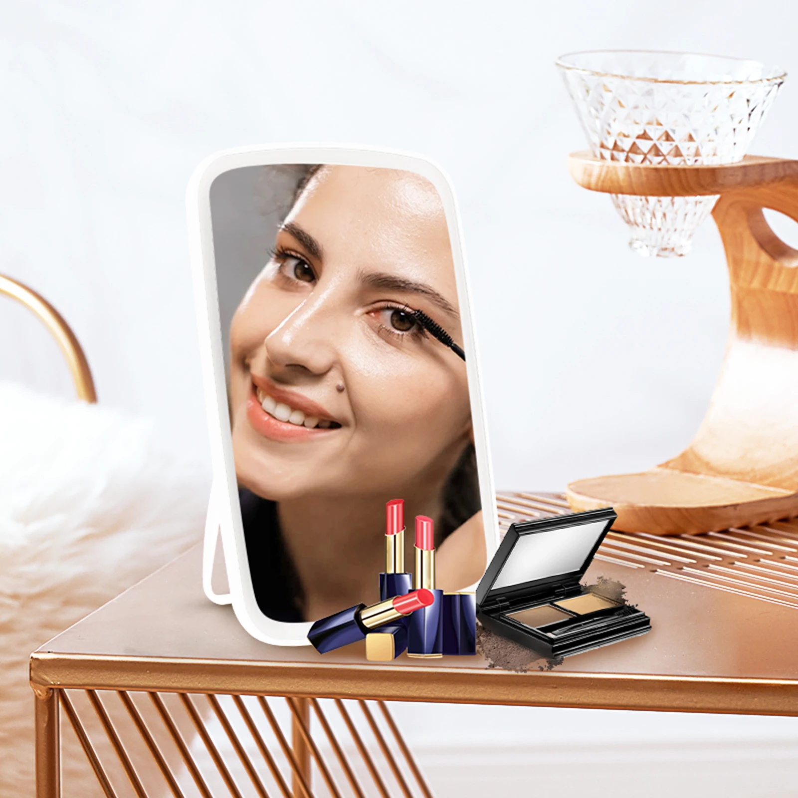 Lusterko do makijażu LED na biurko, trójkolorowe, składane, przenośne, dotykowe, ładowane przez USB, regulowane oświetlenie.