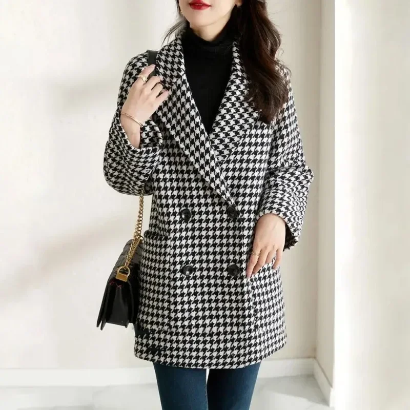 Plaid Women Wool Blends Coats Autumn Winter Overcoat Korean Fashion Mid Length Jacket Loose Lapel Outerwear Fashion Topcoat