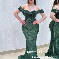 Emerald Green Evening Dress Luxury Off The Shoulder Sweetheart Pearls Beadings Glitter Mermaid Prom Gown Pageant Party Dresses