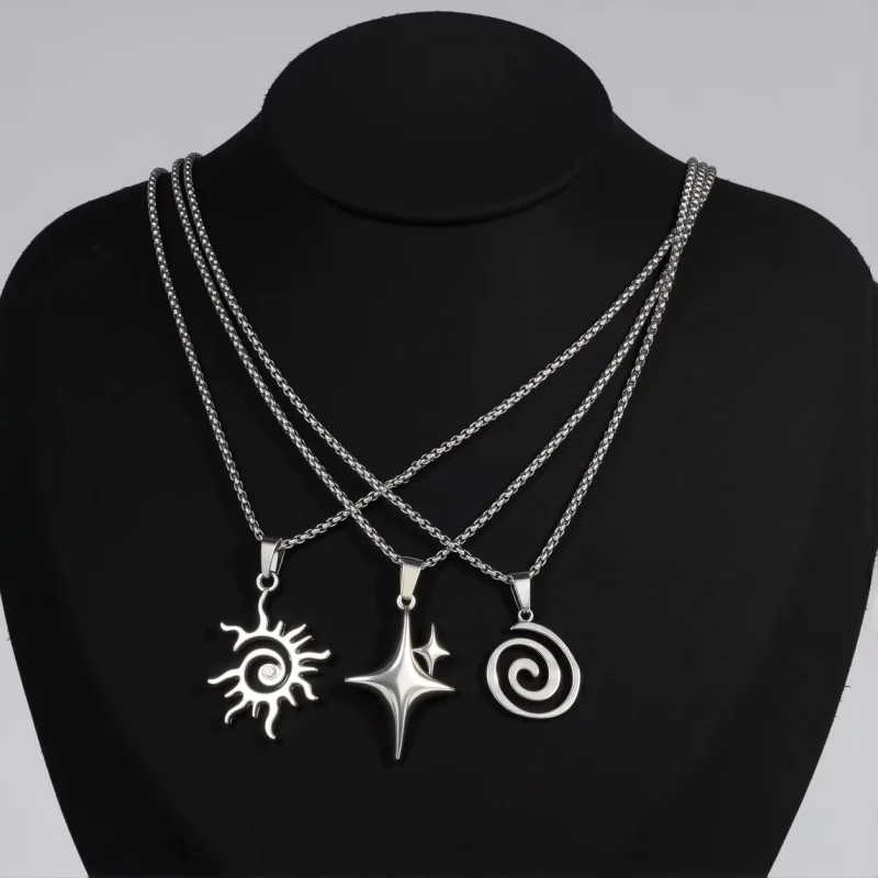 6Pcs Punk Silver Vortex Star Sun Pendant Necklace Set Y2K Hollow Spiral Star Necklace for Men and Women Simple Jewelry