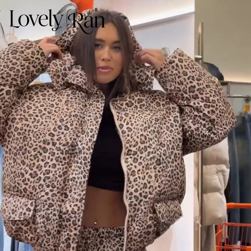 Fashion Hooded Leopard Women Padded Coat Long Sleeve Stand Collar Jacket And Wide Leg Pant Casual Lady Streetwear 2026 Winter