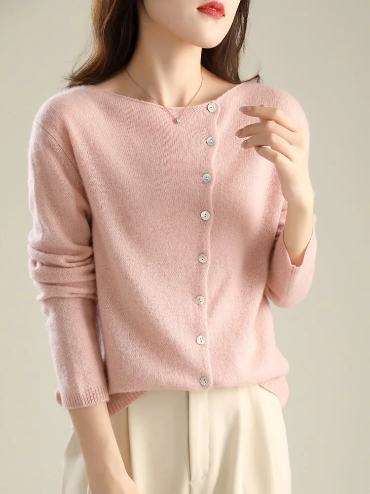 TuangBiang-cárdigan asimétrico con botones para mujer, jersey de lana con cuello redondo, Tops de punto Beige de un solo pecho de algodón, Otoño,