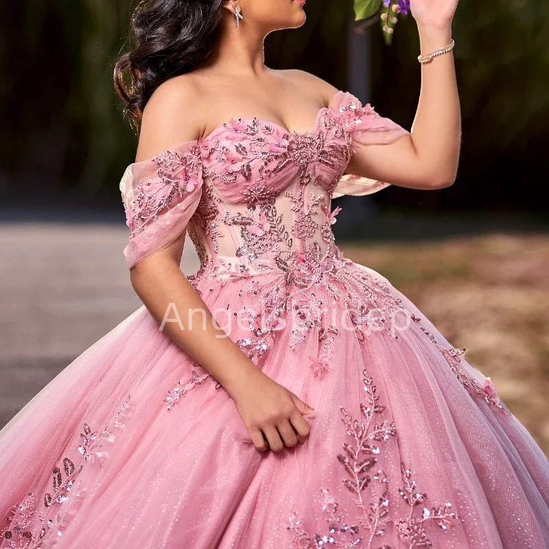 Angelsbride Pink Ball Gown Quinceanera Dresses Vestidos De 15 Quinceañera 3D Handmade Beading Princess Girl Party Dress