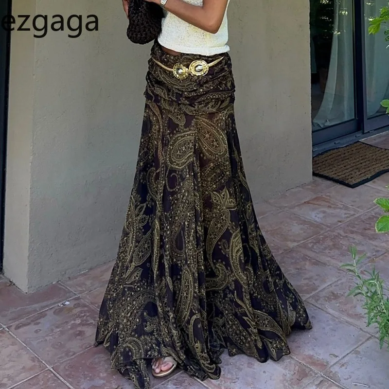 

Ezgaga Women Skirts Vintage Floral Printed Mesh Patchwork Sexy Temperament Fashion Long Skirt French Style Chic Club Casual