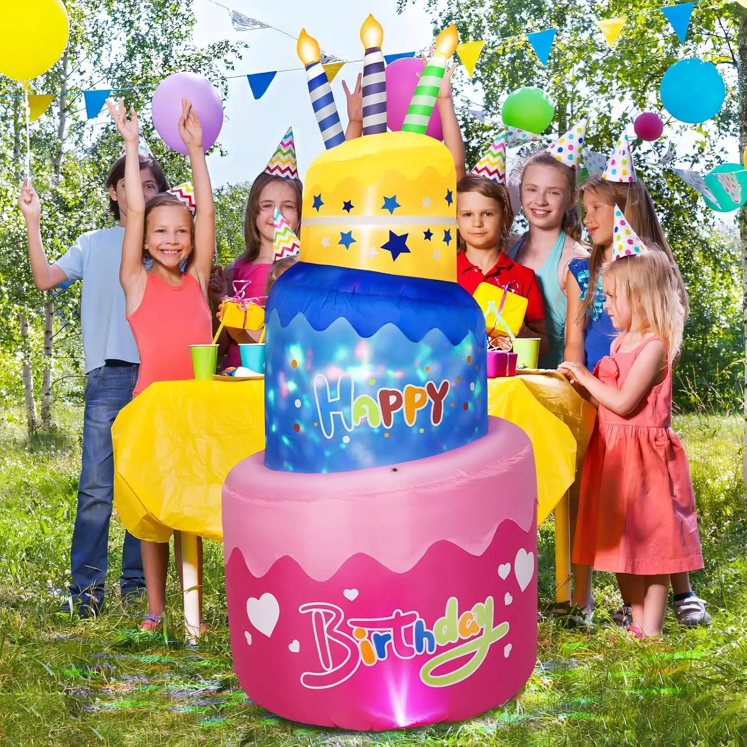

6FT Happy Birthday Inflatable Decoration Purple Cake with Candles & Little Bear Blow Up Yard Decor DIY Holiday Party Supplies