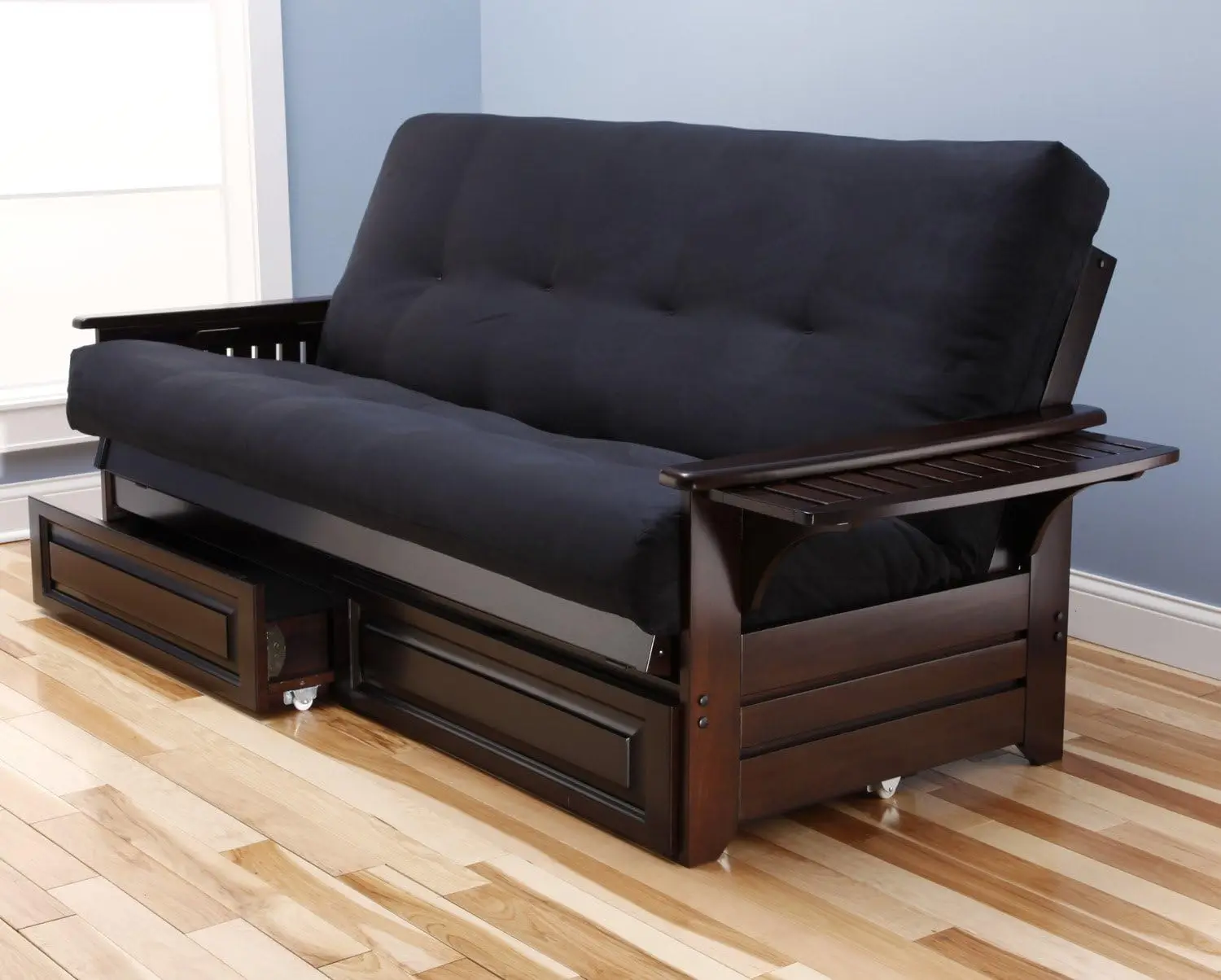 Espresso Frame w/ 7 Inch Mattress Microfiber Suede Futon Set Wood Sofa Bed Black Mattress Frame w/Drawers Queen Size