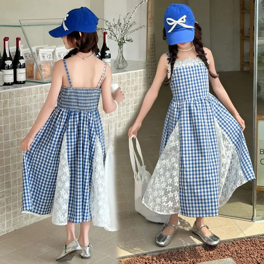 

Casual Plaid Girl Princess Dress Lace Mesh Loose Teens Sling Dress Skirt Sweet Children Sleeveless Dresses Kids