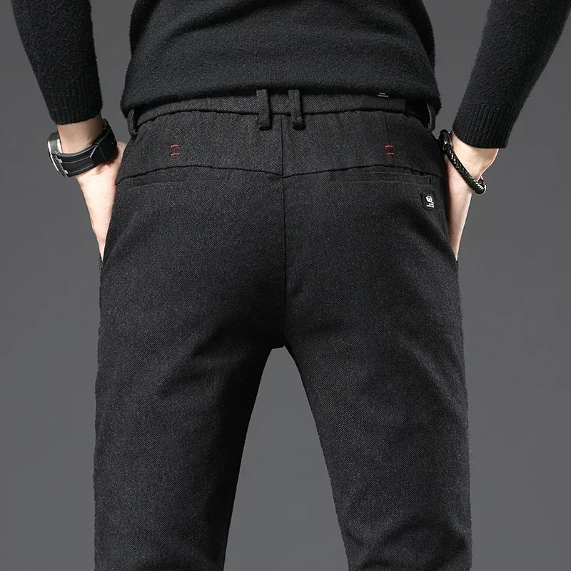 Autumn Winter New Thick Casual Pants Men Business Fashion Slim Stretch Black Blue Grey Brand Clothes Brushed Trousers Male 28-38