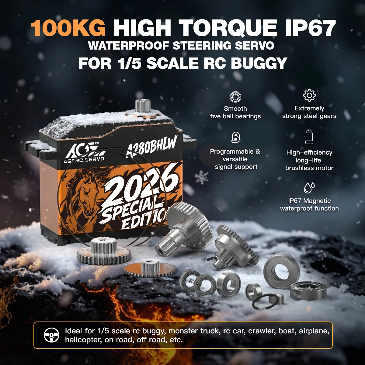 

AGFRC A280BHLW 2026 100KG Super Torque 0.110Sec Reinforced Steel Gear Waterproof 1/5 Scale Giant Servo For 1/5 Desert