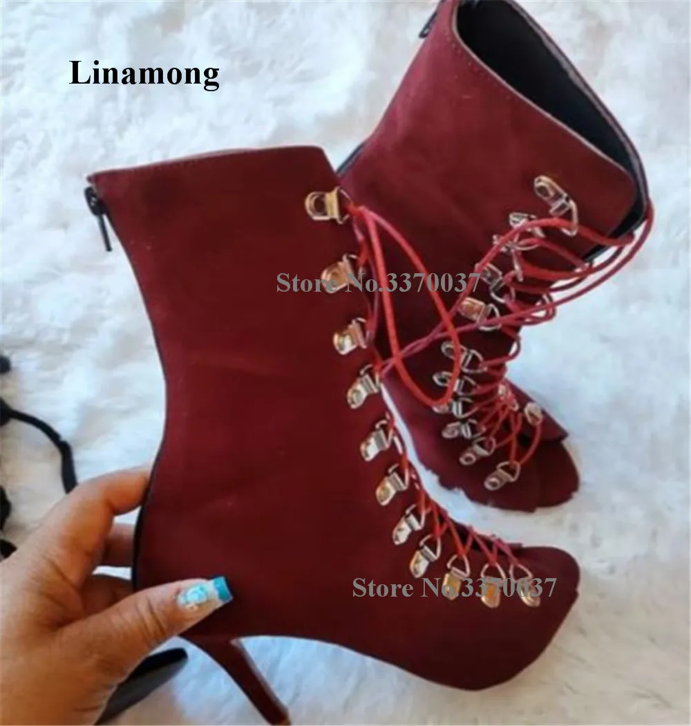 

Linamong модные короткие ботинки на шпильке с металлическими пряжками и ремешками, красные, черные замшевые ботильоны на тонком каблуке с открытым носком