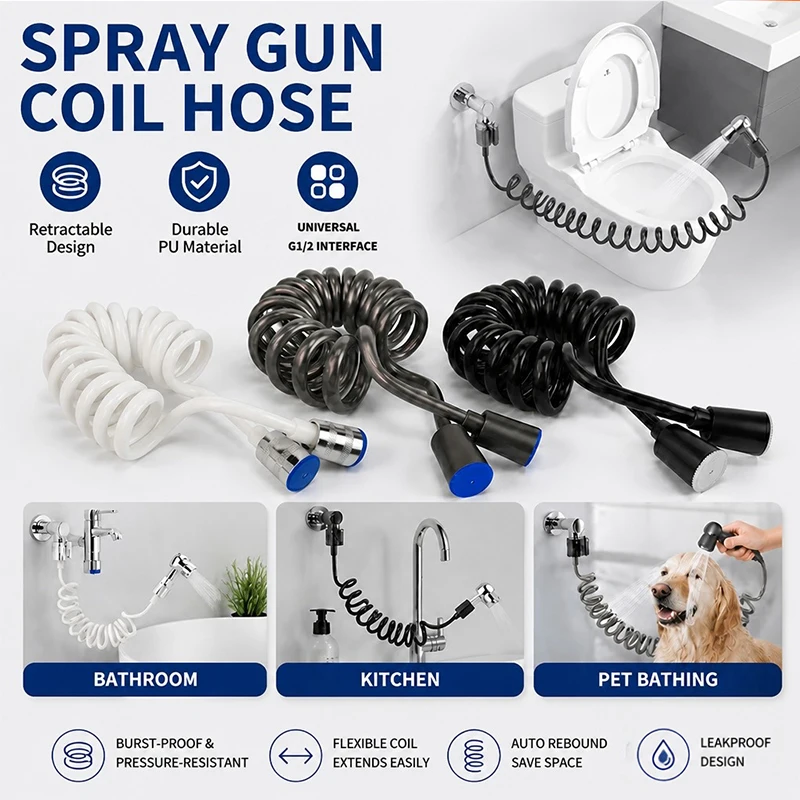 2m Spring Telephone Line Hose, Retractable Flexible Toilet Bidet Sprayer Hose for Bathroom Shower & Plumbing Accessories