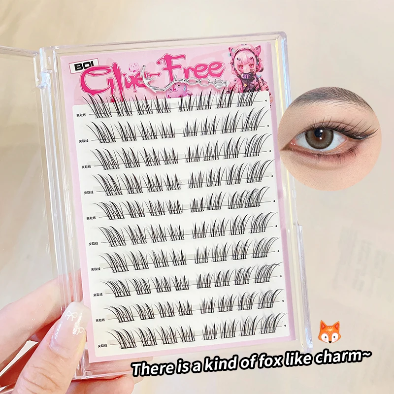 Pestañas postizas BQI sin pegamento, serie Flying Fox oblicuo, pestañas superiores segmentadas naturales, fáciles de usar para un aspecto de ojos mejorado