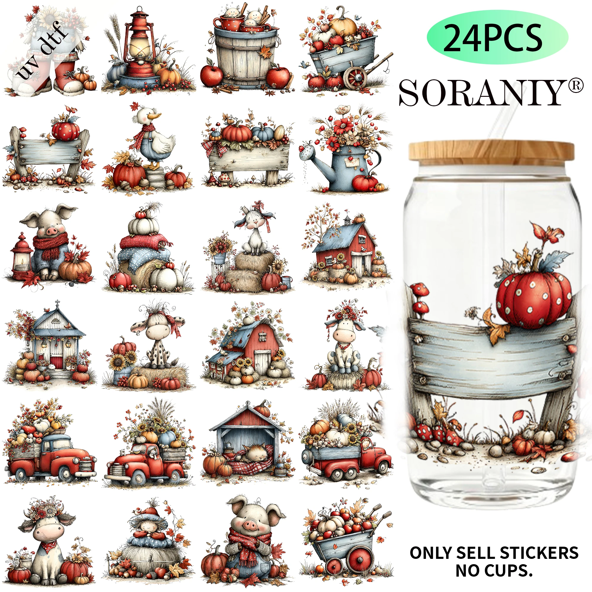 24PCS/Set Whimsical Autumn Farm  Themed UV DTF 16OZ DIY Transfer Paper Set Used For 16oz Water Bottles
