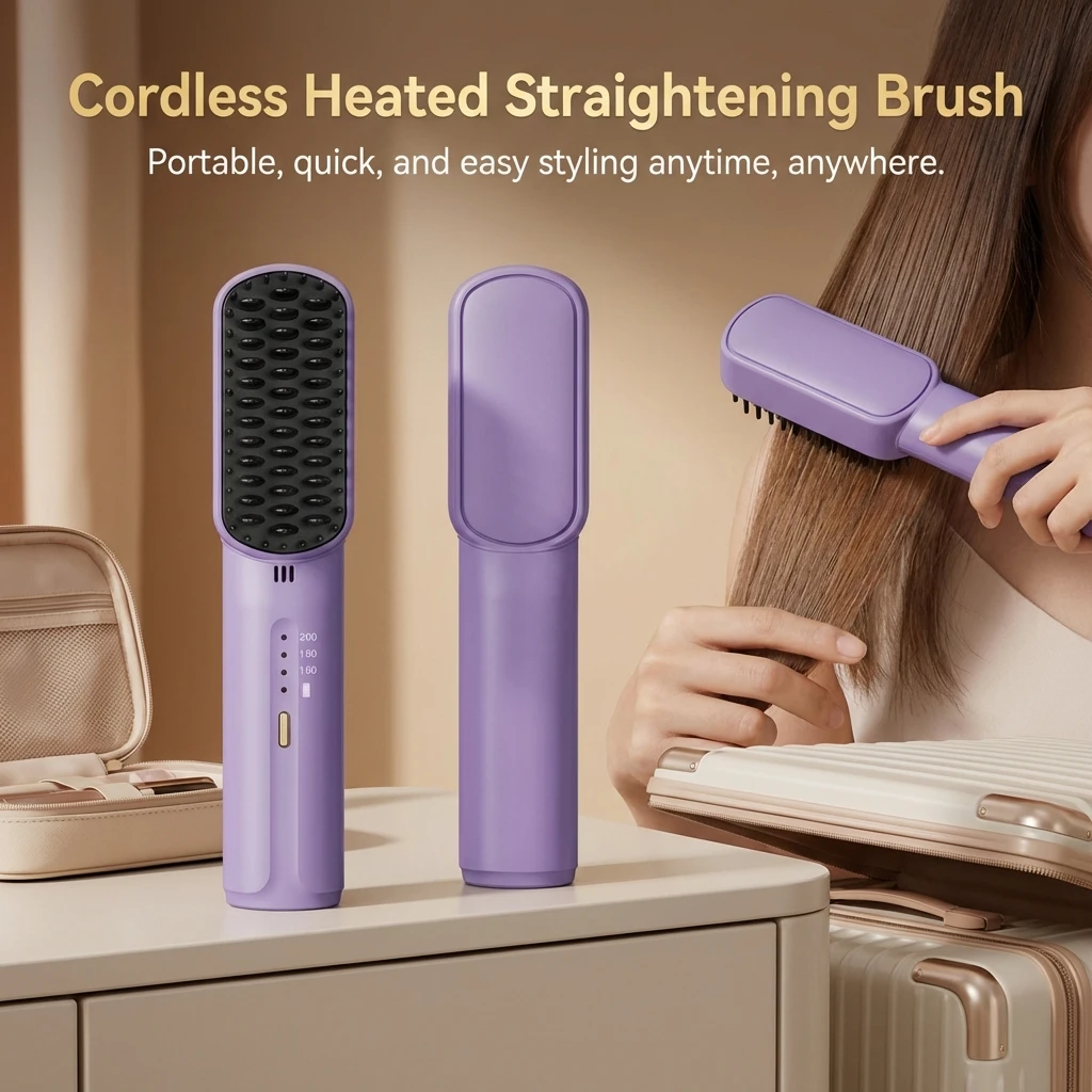 

Hair Straightener Brush Cordless Detangling Styling Tool with Fast Heating Anti-Scald Design for All Hair Types Home Travel Use
