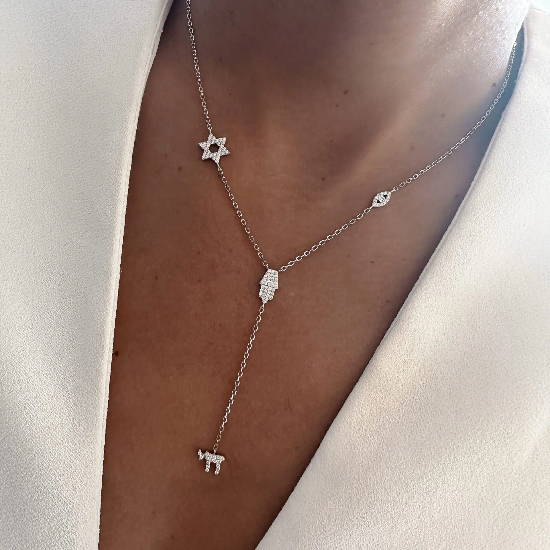 

Lucky Cute CZ Star Eye Hand Chai Charm Lariat Y Necklace Amulet Judaism Sign of Life Gold Color Women Jewelry