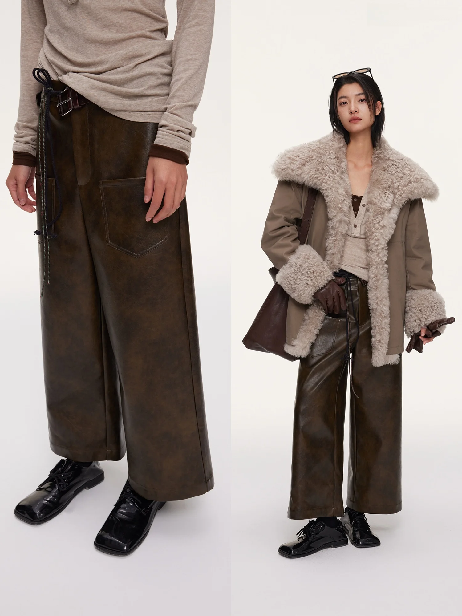 

Повседневные брюки JCCC adow Bla Label из искусственной кожи с эффектом оливкового пятна, винтажные, выцветшие, коричневые, с высокой талией, укороченные, теплые, в стиле кэжуал