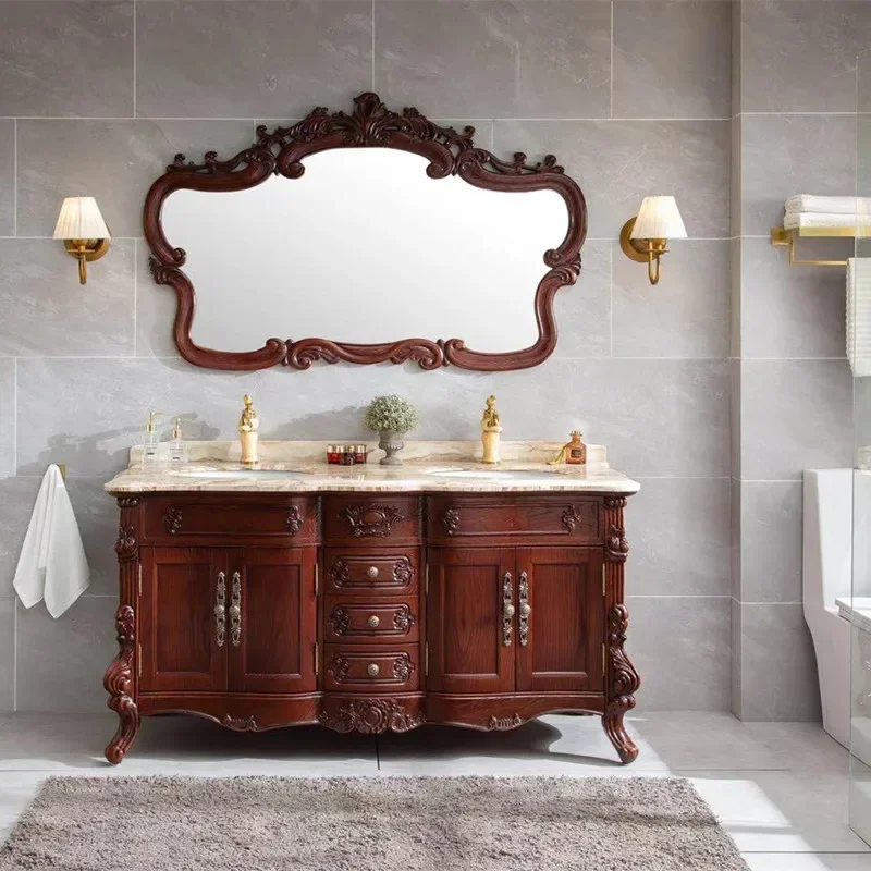 European -style Oak Bathroom Cabinet Nordic And American Red Oak Marble Dual Basin Washbasin Facial Bathroom Cabinets