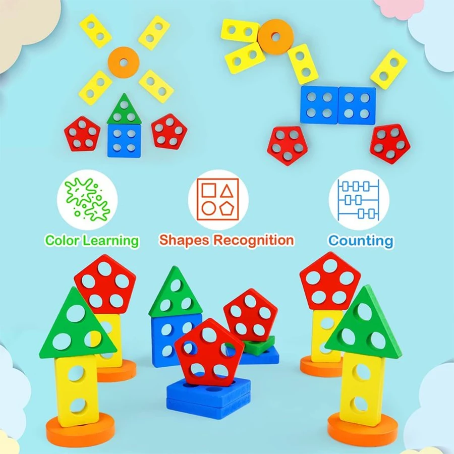 Montessori Wooden Geometric Shape Five Sets of Columns Blocks Assembling Children\'s Enlightenment Early Education Puzzle Toys