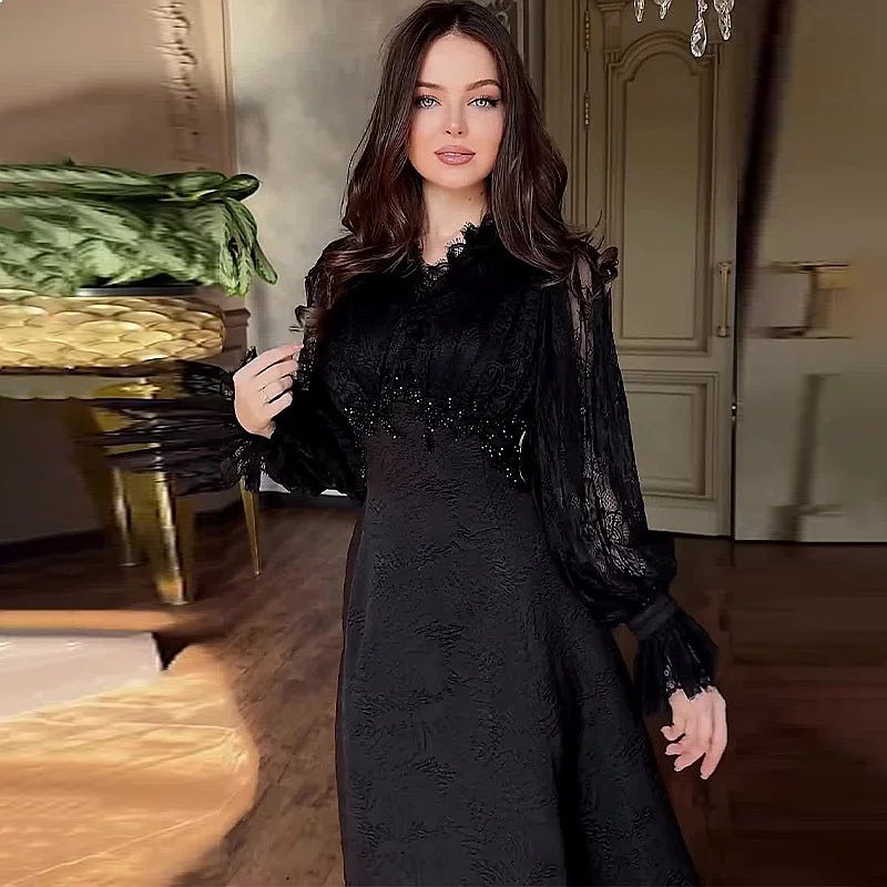Elegant V Neck Slim Waist Puff Sleeve Dress Fairy Dresses Spring Summer 4