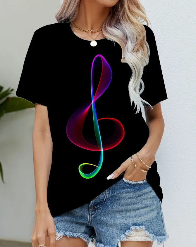 

Blouse T Shirts Women Black Musical Note Fashion Short Sleeve Silky Soft