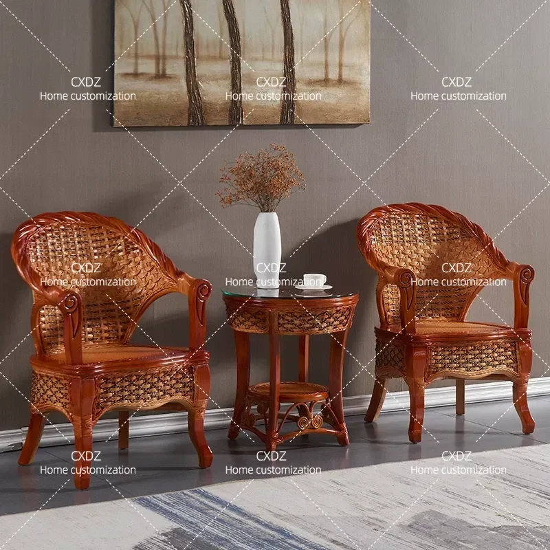 3 Piece Rattan Chair Set Solid Wood Leisure Chair Modern Simple Balcony Furniture Hotel Table and Chair Coffee Table