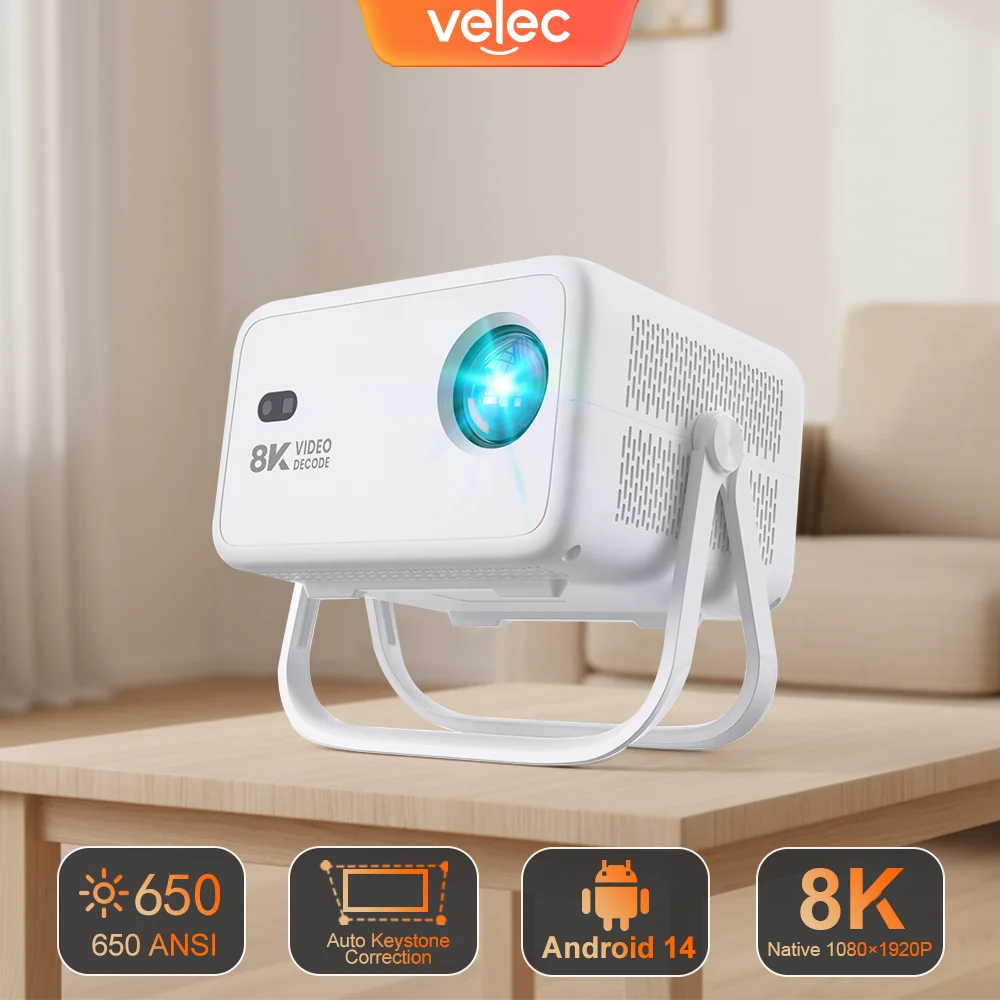 

Velec 2025 New Projector 8K Video Decode 650 ANSI 1080 Auto Focus Android 14 Smart Portable Outdoor Movie Projector Home Theater