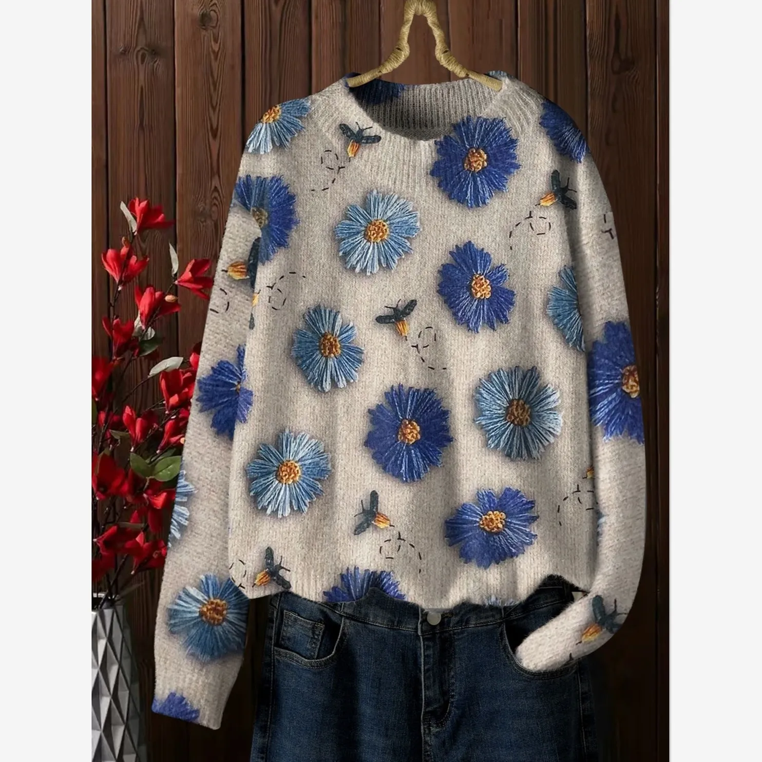 

New Sweet Women's O-Neck Long Sleeves Knitted Jumper Mori Girl Tops 249P Vintage Flowers Printed Cashmere Sweater Autumn Winter